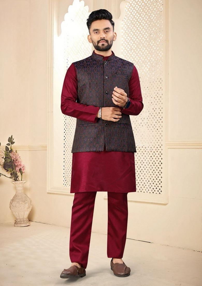 Maroon Self Design Silk Nehru Jacket Set For Men
