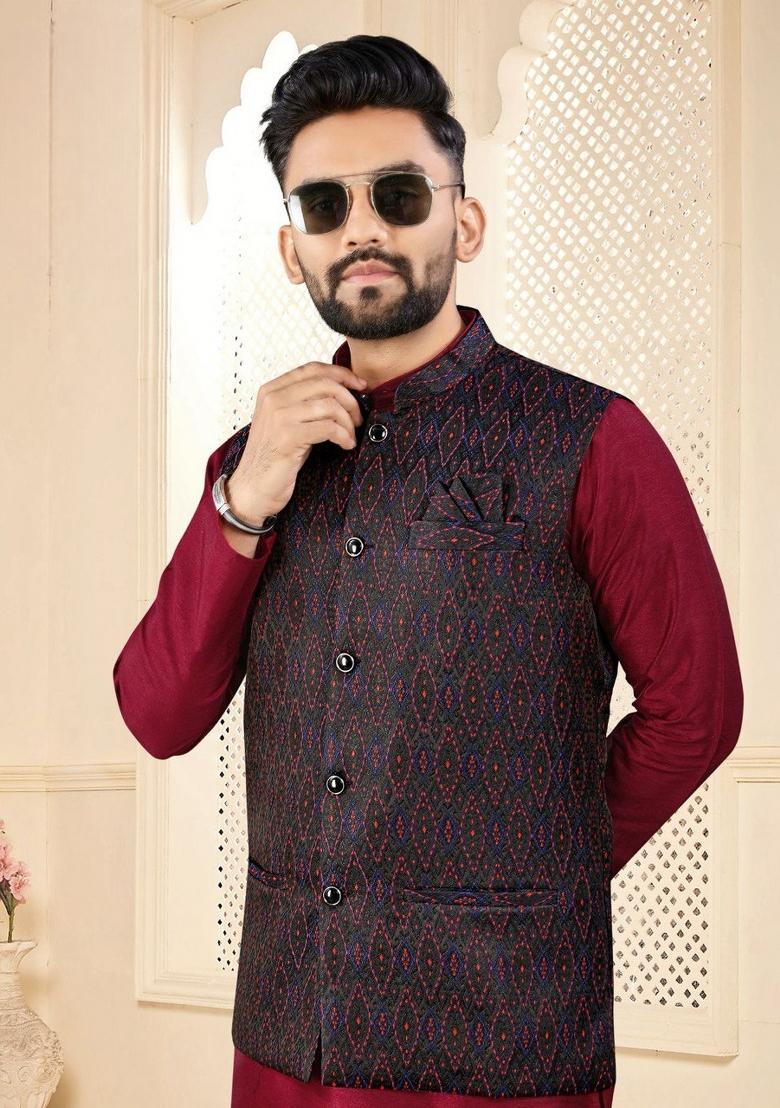 Maroon Self Design Silk Nehru Jacket Set For Men