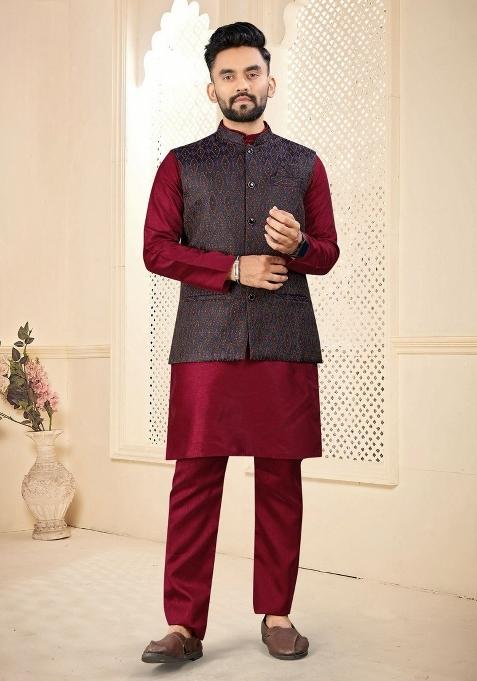 Maroon Self Design Silk Nehru Jacket Set For Men