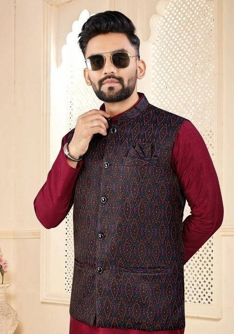 Maroon Self Design Silk Nehru Jacket Set For Men