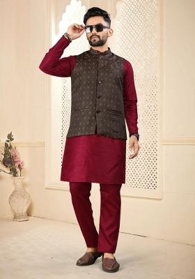 Maroon Self Design Silk Nehru Jacket Set For Men