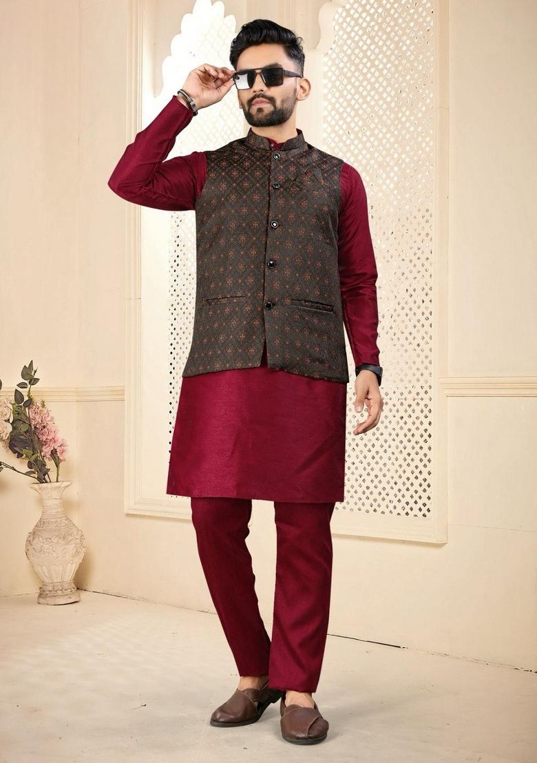 Maroon Self Design Silk Nehru Jacket Set For Men
