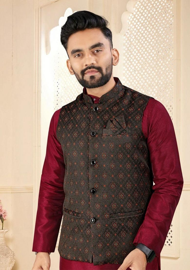 Maroon Self Design Silk Nehru Jacket Set For Men