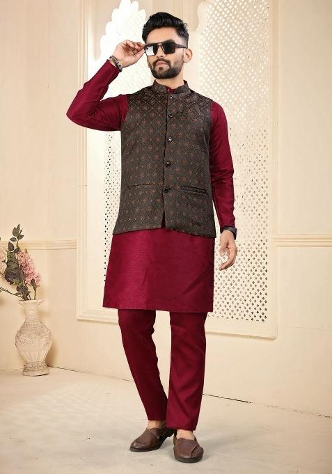 Maroon Self Design Silk Nehru Jacket Set For Men