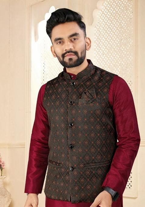 Maroon Self Design Silk Nehru Jacket Set For Men