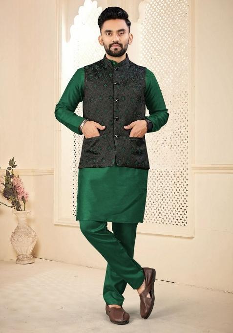 Green Self Design Silk Nehru Jacket Set For Men