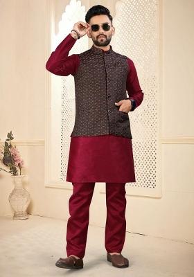 Maroon Self Design Silk Nehru Jacket Set For Men