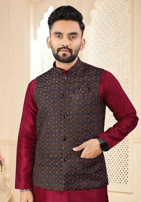 Maroon Self Design Silk Nehru Jacket Set For Men