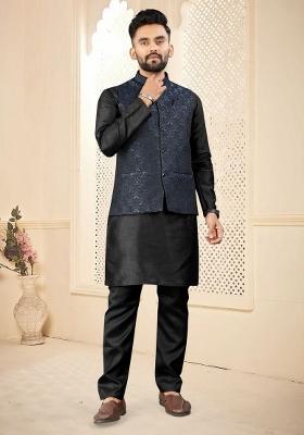 Black Self Design Silk Nehru Jacket Set For Men