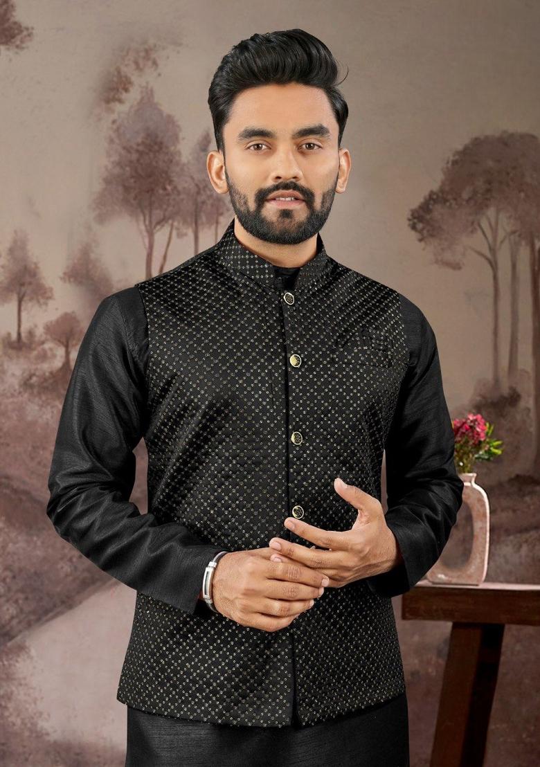 Black Embroidered Heavy Silk Nehru Jacket Set For Men