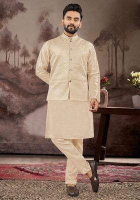 Cream Embroidered Heavy Silk Nehru Jacket Set For Men