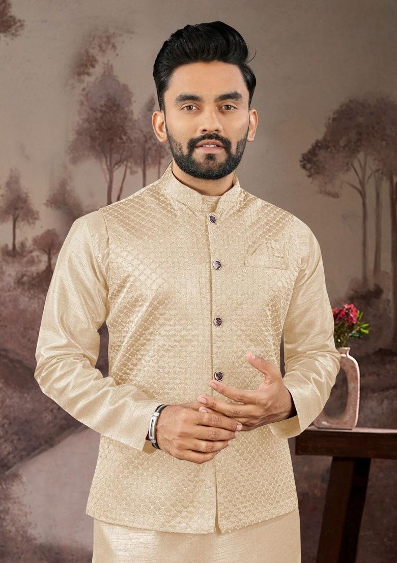 Cream Embroidered Heavy Silk Nehru Jacket Set For Men