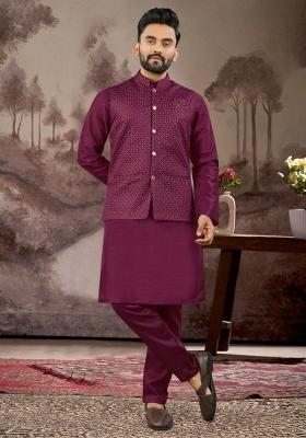 Purple Embroidered Heavy Silk Nehru Jacket Set For Men