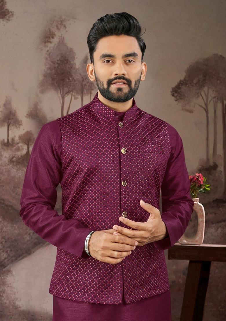 Purple Embroidered Heavy Silk Nehru Jacket Set For Men