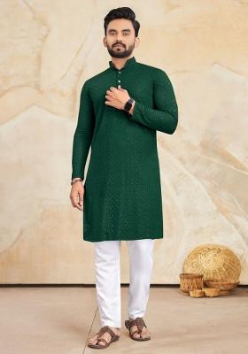 Green Embroidered Rayon Kurta Set For Men