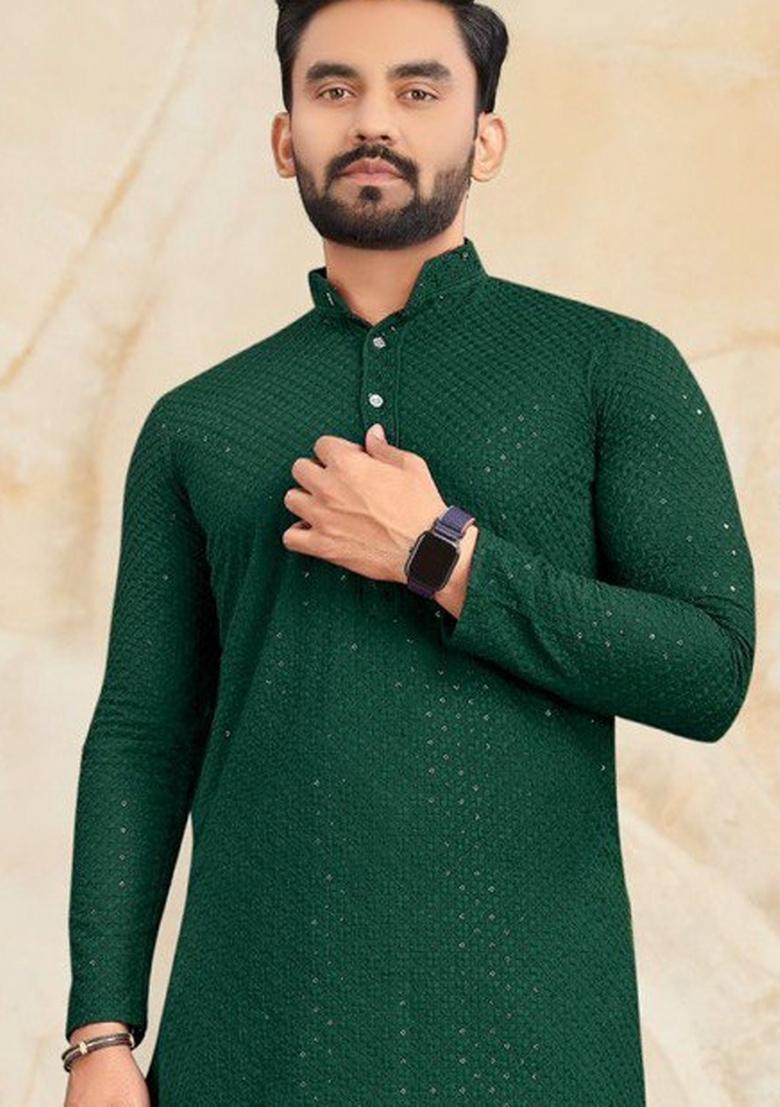 Green Embroidered Rayon Kurta Set For Men