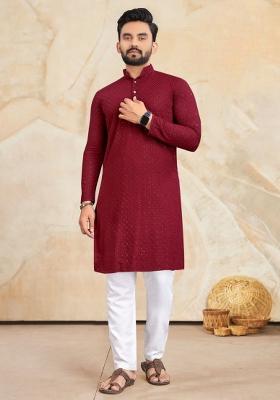 Red Embroidered Rayon Kurta Set For Men
