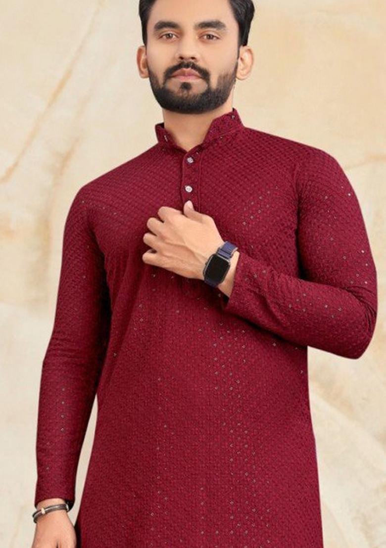 Red Embroidered Rayon Kurta Set For Men