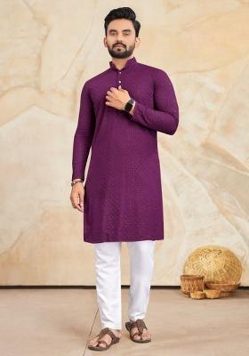 Purple Embroidered Rayon Kurta Set For Men