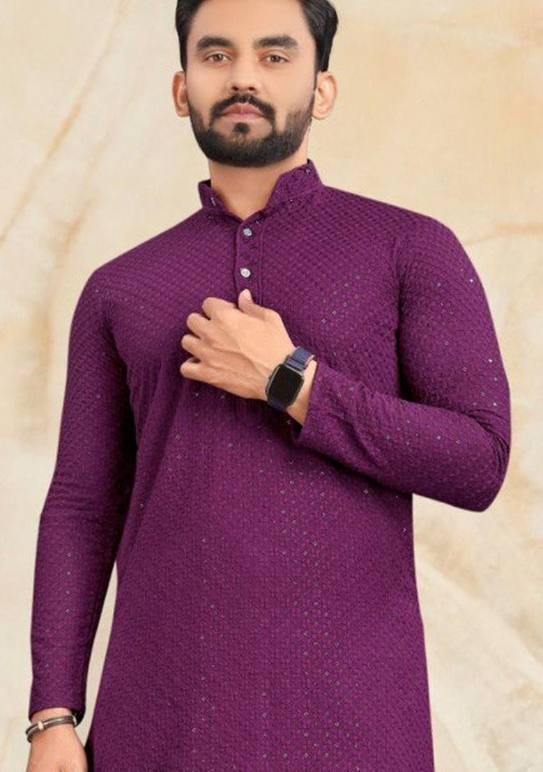 Purple Embroidered Rayon Kurta Set For Men