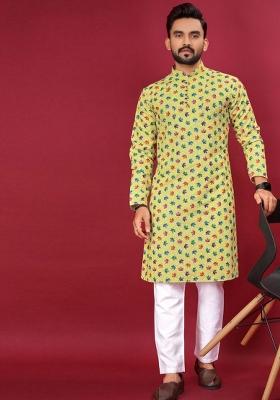 Yellow Printed Cotton Kurta Set For Men
