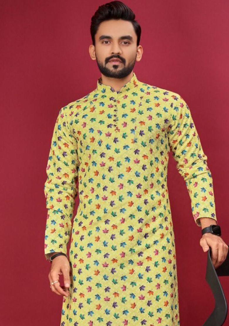 Yellow Printed Cotton Kurta Set For Men