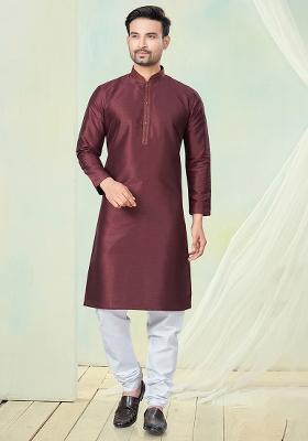 Brown Pintux Work Pure Silk Kurta Set For Men