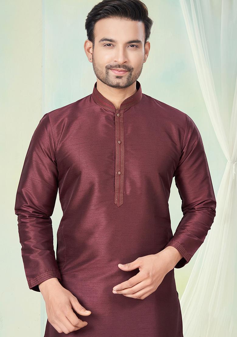Brown Pintux Work Pure Silk Kurta Set For Men