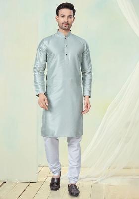 Mint Blue Pintux Work Pure Silk Kurta Set For Men