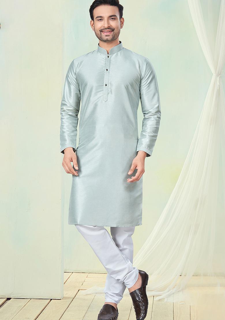 Mint Blue Pintux Work Pure Silk Kurta Set For Men