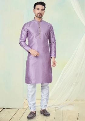 Lavender Pintux Work Pure Silk Kurta Set For Men