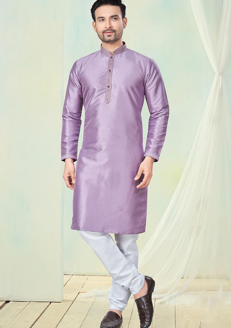 Lavender Pintux Work Pure Silk Kurta Set For Men