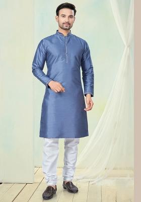 Teal Blue Pintux Work Pure Silk Kurta Set For Men