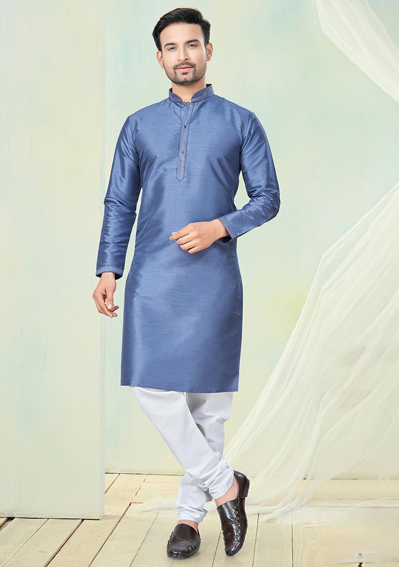 Teal Blue Pintux Work Pure Silk Kurta Set For Men