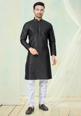 Black Pintux Work Pure Silk Kurta Set For Men
