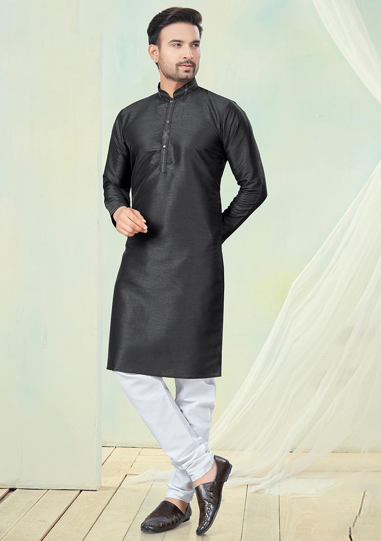 Black Pintux Work Pure Silk Kurta Set For Men