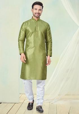 Parrot Green Pintux Work Pure Silk Kurta Set For Men