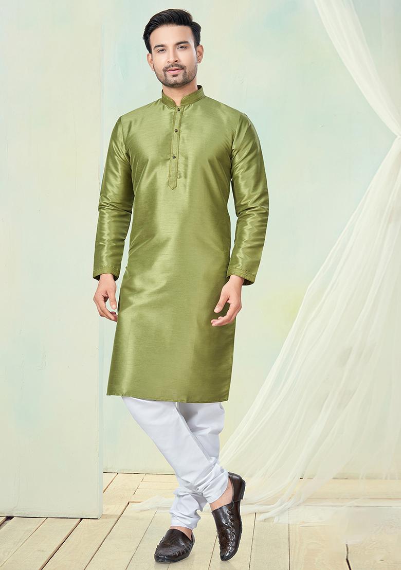 Parrot Green Pintux Work Pure Silk Kurta Set For Men