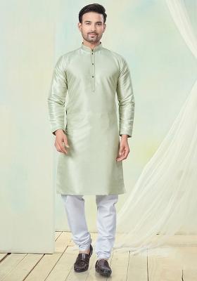 Light Pista Green Pintux Work Pure Silk Kurta Set For Men