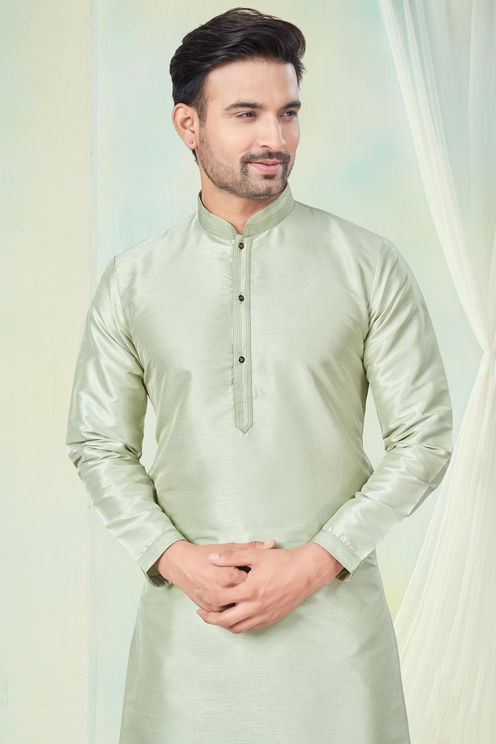 Light Pista Green Pintux Work Pure Silk Kurta Set For Men