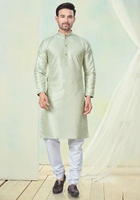 Cream Pintux Work Pure Silk Kurta Set For Men