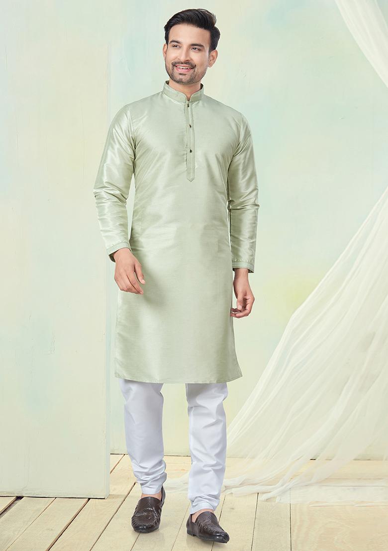 Cream Pintux Work Pure Silk Kurta Set For Men