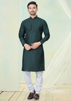 Green Pintux Work Pure Silk Kurta Set For Men
