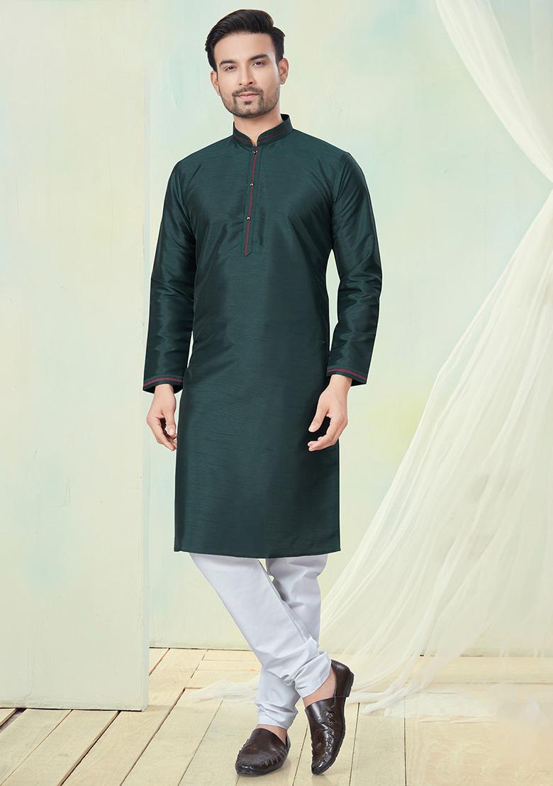 Green Pintux Work Pure Silk Kurta Set For Men