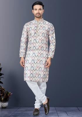 White Pintux Work Silk Kurta Set For Men