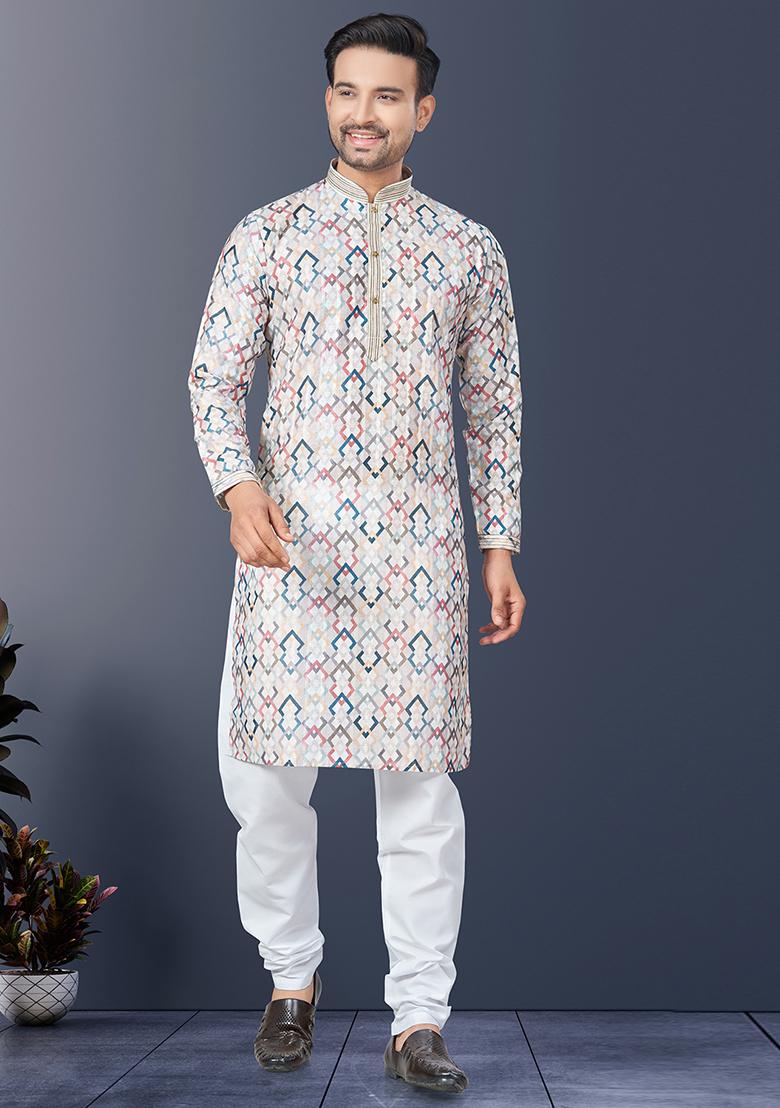 White Pintux Work Silk Kurta Set For Men