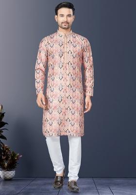 Peach Pintux Work Silk Kurta Set For Men
