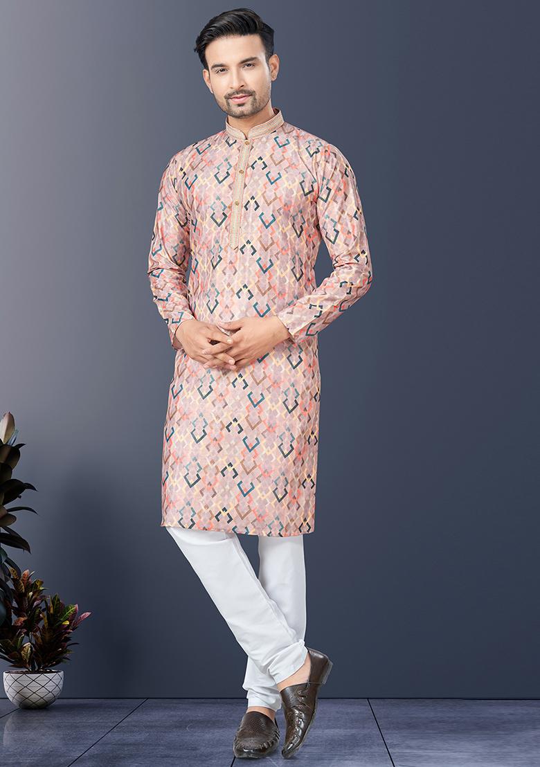 Peach Pintux Work Silk Kurta Set For Men