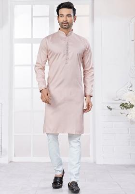 Light Pink Embroidered Cotton Kurta Set For Men