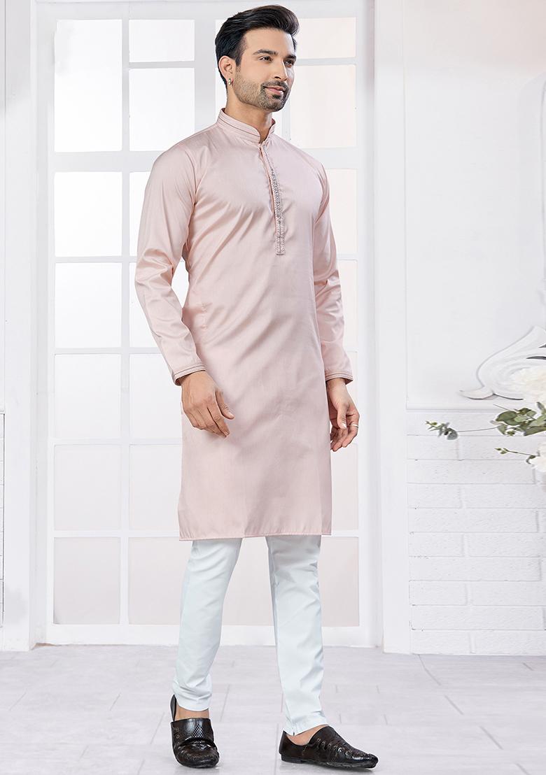 Light Pink Embroidered Cotton Kurta Set For Men